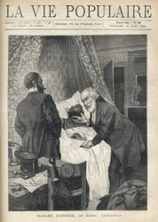 Dois homens debruçam-se sobre uma cama para ver a morte de um homem. À porta, outros homens estão a ver a cena do crime. Ilustração de Alfons Maria Mucha (Alphonse Marie Mucha