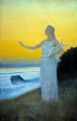 Hino ao mar. Jovem mulher segurando uma lira, de frente para o mar. Figura que evoca a poetisa grega da Antiguidade Safo. Pintura de Alphonse Osbert (1857-1939), 1900, coleção particular