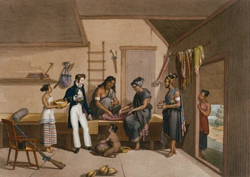 Interior de uma casa em Coupang, Timor, de &39;Viagem ao redor do mundo em Corvettes of Urania 1817-20&39;, gravado por Lerouge e Forget, publicado em 1825