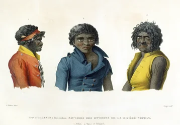 Port Jackson, New Holland: Os nativos da região do rio Nepean, de "Ao redor do mundo Corvetas viagens de Urania 1817-20" gravada por Forget, publicado em 1825