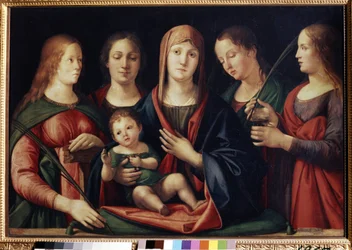 A Virgem e o Menino com Maria Madalena Santa Catarina e dois santos (Madona e o Menino com Maria Madalena, Santa Catarina e dois santos). Pintura de Alvise Vivarini (cerca de 1446-cerca de 1505). Óleo sobre tela, 89 x 129 cm
