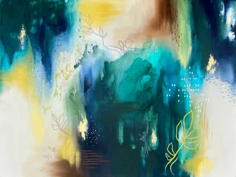 Abstrato em tons de azul-petróleo e dourado