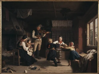 Dimanche soir dans une ferme de Dalecarlie - Noite de Domingo em uma Fazenda em Dalarna, por Lindegren, Amália (1814-1891). Óleo sobre tela