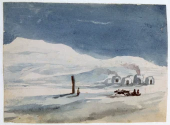 Igloos e Esquimaux". Aguarela. Aurore Amadine Lucie Dupin (1804-1876) Romancista e feminista francesa que escreveu sob o nome de George Sand.