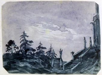 Vista dos terrenos de um castelo fantástico ao luar". Aguarela e guache. Aurore Amadine Lucie Dupin (1804-1876) Romancista e feminista francesa que escreveu sob o nome de George Sand.