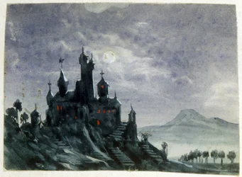 Vista de um castelo fantástico ao luar". Aguarela e guache. Aurore Amadine Lucie Dupin (1804-1876) Romancista e feminista francesa que escreveu sob o nome de George Sand.