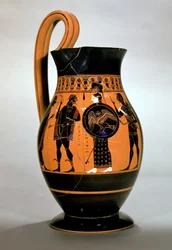 Olpe ática de figuras negras representando Atena diante de Poseidon, século VI a.C.