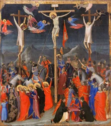 A Crucificação - Nas laterais, representação do bom ladrão, também chamado São Dimas (ou Dysmas, Dimas, Dumas), e do mau ladrão (Gesmas ou Gestas), dois ladrões crucificados com Jesus Cristo - Inscrição INRI (I N R I) na cruz