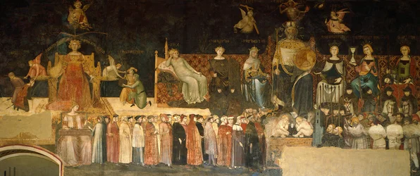 Alegoria do Bom Governo, pormenor de Alegoria e efeitos do bom e do mau governo na cidade e no campo de Ambrogio Lorenzetti (activo 1285-1348), fresco, Sala da Paz, Palazzo Pubblico, Siena