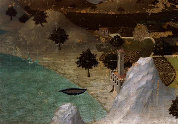 Castelo na margem do lago, por Ambrogio Lorenzetti (1290-ca 1348), Tempera na madeira, 22,5x33 cm