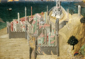Cidade junto ao mar, de Ambrogio Lorenzetti (1290-ca. 1348), têmpera e ouro sobre madeira, 22.5x33.5 cm