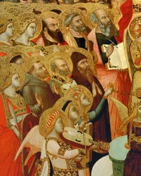 Pormenor de um altar: Santos e anjos adorando Cristo ...