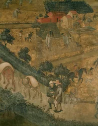 Paisagem com burros carregando sacos (fresco)