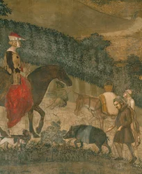 Camponeses com um porco preto e um burro