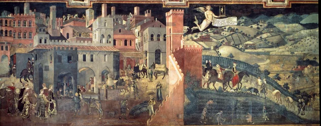 Os efeitos do bom e do mau governo sobre a cidade e o campo. Pormenor da cidade. Fresco de Ambrogio Lorenzetti (1290-1348)