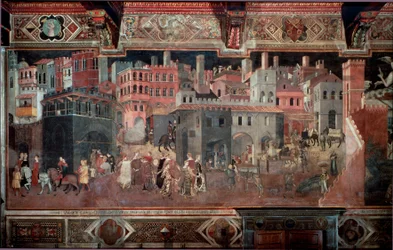 "Os efeitos de um bom e mau governo na cidade e no campo." Pormenores da cidade. Fresco por Ambrogio Lorenzetti (1290-1348)