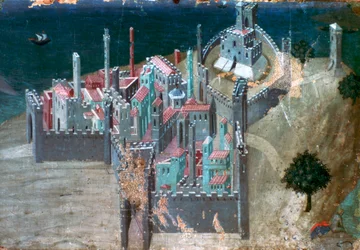 Vista de uma cidade costeira, c1300-1348