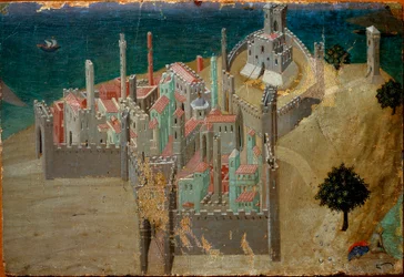 Vista de uma cidade fortificada perto do mar Detalhe. Detrempe sobre madeira de Ambrogio Lorenzetti