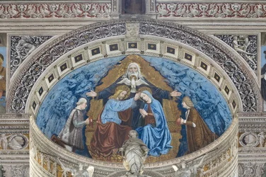 Coroação da Virgem Maria com Deus e o Espírito Santo entre Francesco e Ludovico Sforza