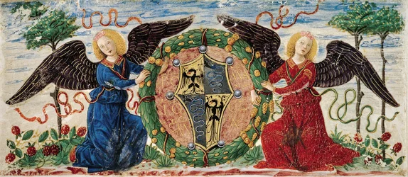 Anjos com escudo retratando brasão de Sforza, pergaminho borgonhês minado