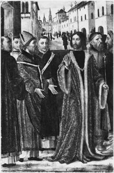 Santo Ambrósio recusa ao imperador romano Teodósio I a grande admissão na Igreja de Milão (fresco) (foto a p/b)