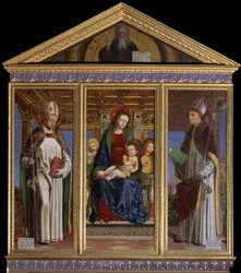 Virgem e Criança com os Santos São Hugh de Avalon (ou Hugh de Lincoln) (1140-1200) e São Hugh de Grenoble (ou Hugh de Chateauneuf) (1053-1132) Pintura de Ambrogio da Fossano dit il Bergognone (1481-1522) Cathedrale Saint Just, Susa, Turim
