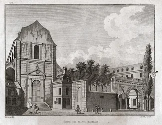 A igreja dos Blancs Manteaux no bairro de Marais, em Paris. cerca de 1780 (gravura)