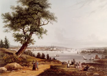 Vista da cidade de Nova Iorque em 1840. Litografia de Louis Ambroise Garneray (1783-1857). Paris. B.N.