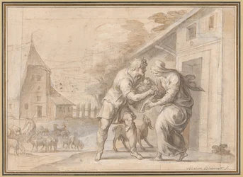 O Goatherd Lamon entregando a criança Daphnis para sua esposa Myrtele