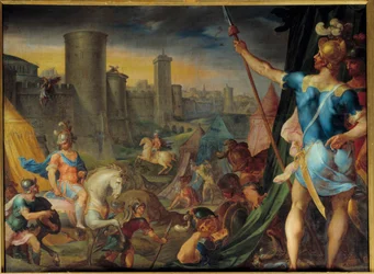 O acampamento dos crois em frente a Jerusalém Da série "Histoire de Tancrede et de Clorinde" ilustrando "La jerusalem delibree" do poeta Le Tasse (Il tasso) Pintura de Ambroise Dubois (1542-1614) Sol. 1,62 x 2,15 m Fontainebleau. Chatea