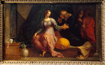 O médico Acestinus examina a Ilustração Chariclee de "The Ethiopics or History of Love of Theagene and Chariclee" de Heliodore (Heliodoros) de Emese (século IV d.C.). Pintura de Ambroise Dubois (1542-1614) 1610 Sol. 1,3x2,35 m Fontainebleau musee du ch