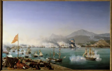Guerra da Independência da Grécia: "Vista da batalha naval de Navarin em 20/10/1827" Ocorreu na Baía de Navarin (Pylos, Peloponeso ocidental) entre a frota otomana e uma frota franco-anglo-russa. Pintura de Ambroise Louis Garneray (1783-1857) 1831 Sun. 1,7