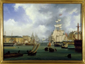 Le port du Havre, le Grand bassin, de Louis Garneray, sd. cerca de 1820, Oil on canvas, H. 0,330; L. 0,460. CCIP Coll.