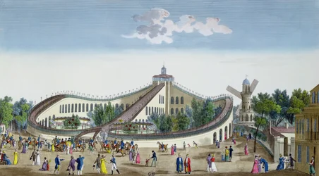 Promenades Aeriennes, Jardin Baujon, homenageado pela presença de Sua Majestade, 2 de agosto de 1817, c.1817 (gravura a cores)