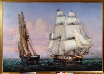 Regresso da ilha de Elba 28/02/1815 Napoleão I (1769-1821) a bordo do navio "O inconstante" atravessa o "Zephyr". Pintura de Ambroise Louis Garneray (1783-1857) 1837 Sol. 1,87x2,27 m