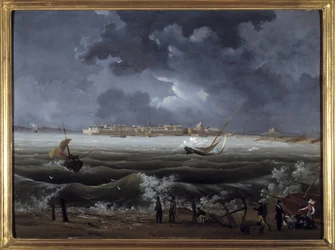 Saint Malo, de Louis Garneray, sd. cerca de 1820, Oil on canvas, H. 0,330; L. 0,460. CCIP Coll.