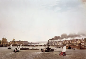 Vista do tráfego fluvial no Sena para Rouen. Aguarela de Ambroise Louis Garneray (1783-1857) Paris do século XIX, B.N.