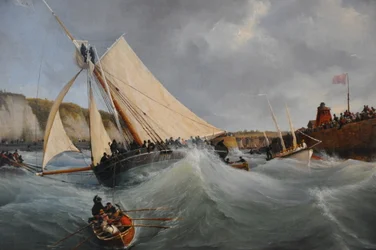 o navio de guerra Furet ao serviço de Sua Alteza Real a Duquesa de Berry, ao largar do porto de Dieppe