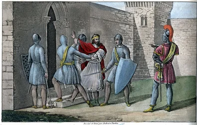 Carlos III, "O Simples" (879-929), dinastia Carolíngia. Detrone em 922 e forçado a salvar-se, refugiou-se com Herbert II de Vermandois (ca. 880-943) que o manteve prisioneiro no castelo de Peronne em 923. - Desenhado e gravado por Ambroise Tardi