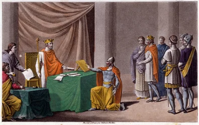 Carlos II o Careca (823 - 877) assinou o Tratado de Verdun (843) com Luís II o Germânico (804 - 876). Desenhado e gravado por Ambroise Tardieu em 1825.