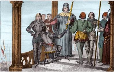 Charles V (1358-80) o Sábio apresenta sua espada a Duguesdin - Charles V Le sage (1338-1380) apresenta solenemente a espada do Connetable Bertrand du Guesclin (1320-1380) - Gravura de 1825 em "Histoire de France" representada por pinturas sinópticas dedica
