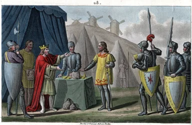 Charles, a dinastia Carolíngia, reinou de 884 a 887. Não ousando atacar os normandos que sitiaram Paris, ele comprou a Paz a eles. Carlos-le-Gros não está incluído na ordem numérica dos reis, ele é considerado regente ou usurpador. - Desenhado e e