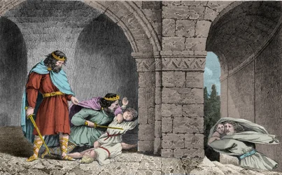 Childeberto I (c.498-558) no assassinato dos herdeiros dos seus irmãos - Childeberto I deixou Clotário (Clothaire) massacrar os filhos do seu irmão Clodomir, rei de Orleães, cujos estados partilhavam - gravura de 1825 em “Histoire de France represented by