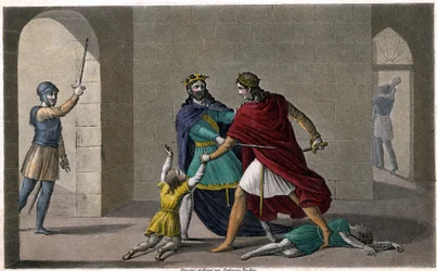 Childebert I deixou Clotaire (Clothaire) matar os filhos de seu irmão Clodomir, rei de Orleans, cujos estados eles compartilham. Desenhado e gravado por Ambroise Tardieu em 1825.