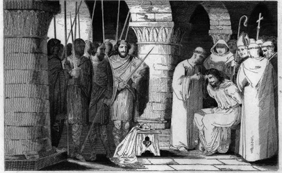 Childeric III (714-751) é destronado e confinado a um mosteiro - Childeric III detrone e encerrado por Pepin le Brit num mosteiro em Saint Omer entre 742-749 - Gravura de 1825 em "Histoire de France" representada por pinturas sinópticas dedicadas ao c