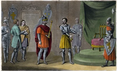 Chilperic II (670 - 721) foi colocado no trono por Rainfroi em 715. Desenhado e gravado por Ambroise Tardieu em 1825.