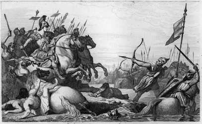 Clódio, o Cabeludo (c. 428-c. 448), retira-se pela ponte após a sua derrota perante Aécio - Clódio, chamado «o Cabeludo» (c. 428-c. 448), antepassado dos Merovíngios e chefe dos Francos Sálios - Clódio é derrotado por Aécio, general de Valentiniano III.