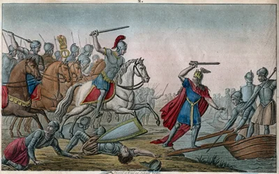 Clódio, chamado «o Cabeludo» (428-448), antepassado dos Merovíngios e chefe dos Francos Sálios. Clódio foi derrotado por Aécio, general de Valentiniano III, que o obrigou a atravessar novamente o Reno. Desenhado e gravado por Ambroise Tardieu em 1825.