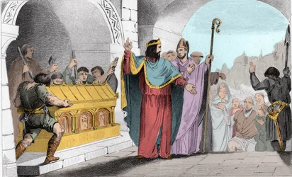 Clovis II (635-657) Vendendo Prata e Ouro do Santuário para Alimentar os Pobres - Clovis II disse "le Faineant" para alimentar os pobres fez as lâminas de ouro e prata removidas da igreja de Saint-Denis - Gravura 1825 em "Histoire de France representado po