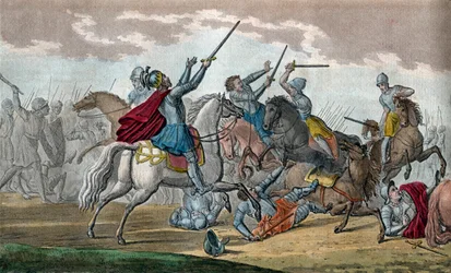 Clóvis I (466-511), Rei dos Francos, Dinastia dos Merovíngios - Durante a Batalha de Tolbiac contra os Alamãs, prometeu converter-se ao catolicismo se Deus lhe concedesse a vitória - Sorteio e sepultura por Ambroise Tardieu em 1825